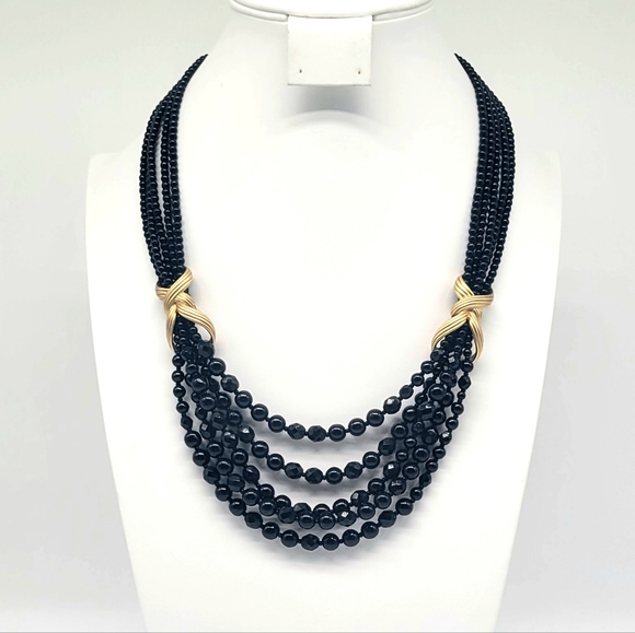 Oscar de la Renta Black Glass Bead Multistrand Layered Swag Necklace Gold Detail - Picture 10 of 13